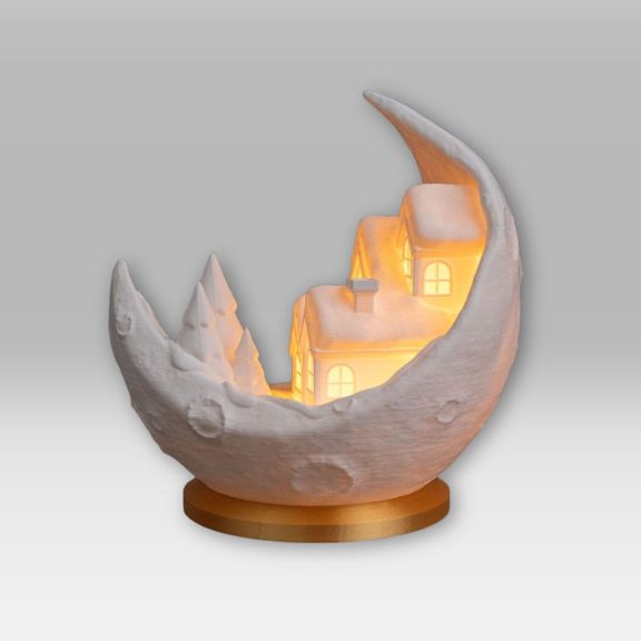 Holdbéli Mese Világító Téli Falu - Időzítős LED Holdlámpa (14 cm)